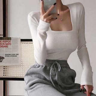 Square-neck Ribbed Long-sleeve Top
