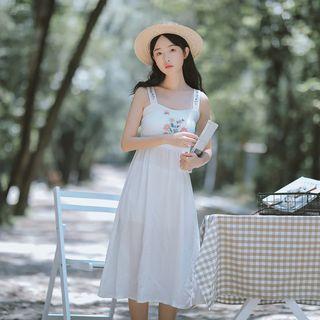 Embroidered Strappy Midi A-line Dress