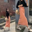 Paperbag-waist Deep-slit Long Skirt Orange - One Size