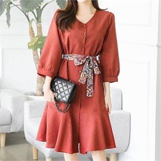 V-neck Puff-sleeve Shirtdress With Sash