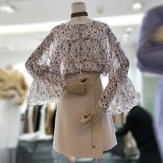 Set: Printed Long-sleeve Chiffon Top + High Waist A-line Skirt