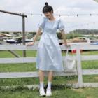 Puff-sleeve Square Neck Midi A-line Dress Light Blue - One Size