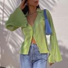 Bell-sleeve V-neck Ruffled-trim Ribbed Shirt