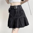 Belted Pleated A-line Denim Skirt