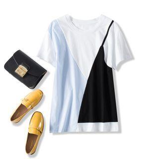 Mock Two-piece Short-sleeve Color Block T-shirt As Shown In Figure - One Size