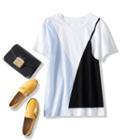 Mock Two-piece Short-sleeve Color Block T-shirt As Shown In Figure - One Size
