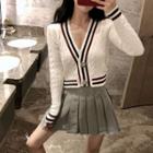 V-neck Striped Cropped Cardigan / Pleated A-line Skirt