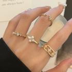 Set Of 5: Faux Pearl Ring + Rhinestone Ring 3656 - Set Of 5 - Pearl - Gold - One Size