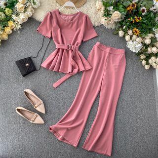Set: Short-sleeve Top + Boot-cut Pants
