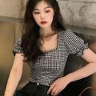 Plaid Puff-sleeve Cropped Blouse Black & White - One Size