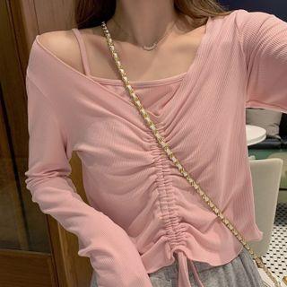 Long-sleeve Mock Two-piece Drawstring T-shirt