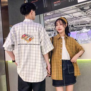 Couple Matching Elbow-sleeve Checker Shirt