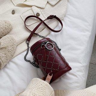 Studded Faux Leather Cylinder Bucket Bag