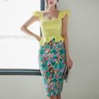 Set: Ruffle Hem Sleeveless Top + Printed Pencil Skirt