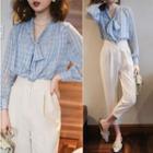 Set: Long Sleeve Tie-neck Check Shirt + Plain Cropped Dress Pants