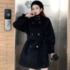 Double-breasted Tie-strap Woolen Coat Black - One Size