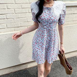 Lace-collar Floral Print Dress Light Blue - One Size