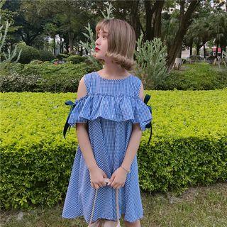 Gingham Frilled Cold Shoulder A-line Dress