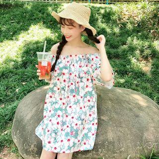 Elbow-sleeve Off Shoulder Floral A-line Dress