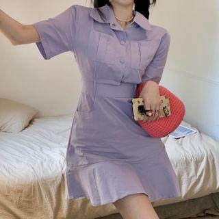Short-sleeve Pocket-detail Plain Shirtdress