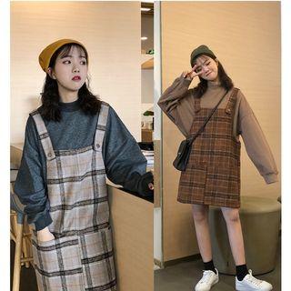 Mock-neck Pullover / Plaid Shift Pinafore Dress