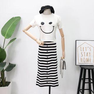 Set: Printed Crop T-shirt + Striped A-line Skirt