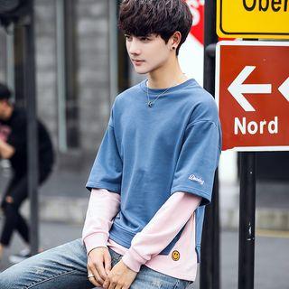 Mock Two Piece Smiley Face Embroidered Pullover