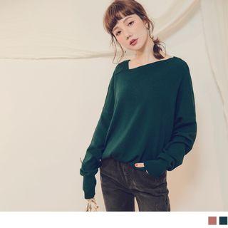 Asymmetric V-neck Long-sleeve Knit Top