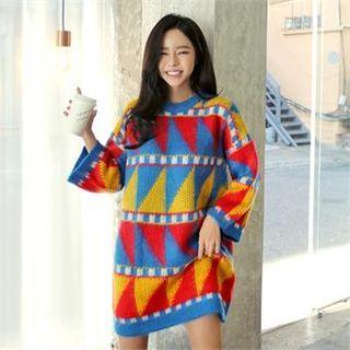 Multicolor Patterned Mini Sweater Dress