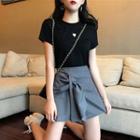 Set: Short Sleeve Heart Print T-shirt + Knotted Mini A-line Skirt