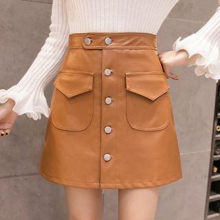 Faux Leather Button-front Mini A-line Skirt