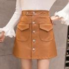 Faux Leather Button-front Mini A-line Skirt