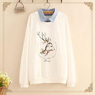 Deer Print Inset Denim Collar Sweater