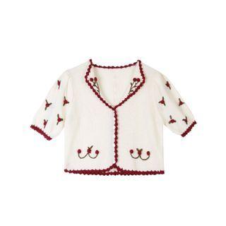 Short-sleeve Floral Embroidered Button-up Knit Top White - One Size