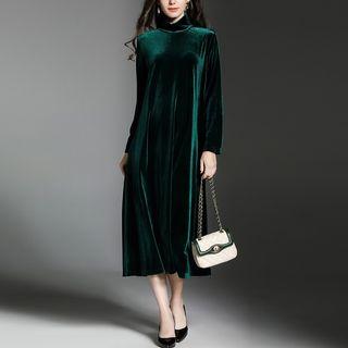 Mock Collar Plain Midi Dress