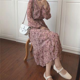 Long-sleeve A-line Floral Midi Chiffon Dress