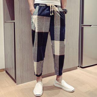 Drawstring Check Panel Pants