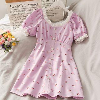 Lace-trim Cherry-print Mini Dress