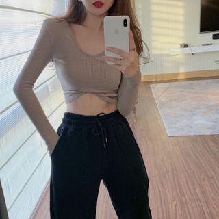 Long-sleeve V-neck Plain Top / High-waist Drawstring Plain Sweatpants