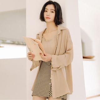 Set: Lace Trim Shirt + Camisole Shirt - Almond - One Size / Camisole - Almond - One Size