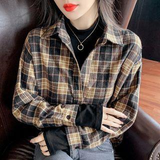 Plaid Panel Brushed Fleece Mock Two Piece Shirt