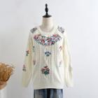 Floral Embroidery Cable Knit Sweater White - One Size