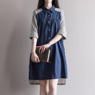 Elbow-sleeve Striped Paneled Mini Shirt Dress