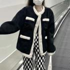 Contrast Trim Fleece Jacket / Checkerboard Straight Leg Pants
