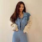 Knit-sleeve Cropped Denim Jacket Light Blue - One Size