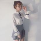 Bell-sleeve Tie-neck Shirt White - One Size