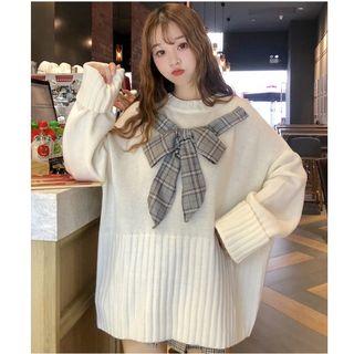 Plaid Tie-front Chunky Sweater