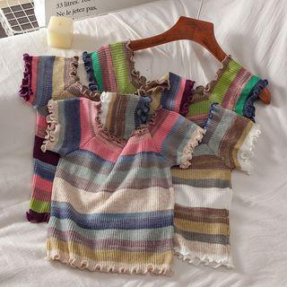 Short-sleeve Square-neck Wood Ear Trim Striped T-shirt