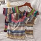 Short-sleeve Square-neck Wood Ear Trim Striped T-shirt