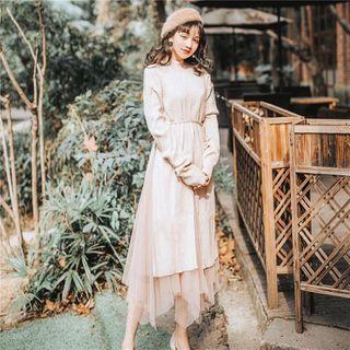 Set: Long-sleeve Asymmetric Knit Dress + Mesh Skirt